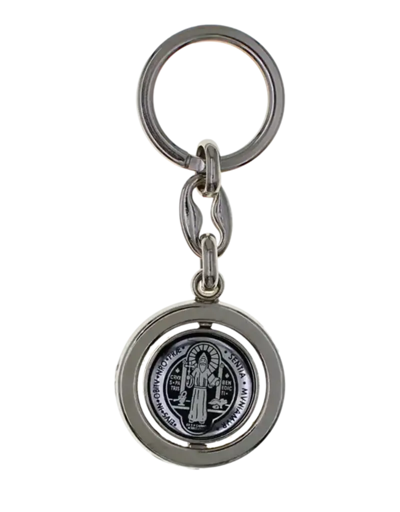 Lumen Mundi Silver Tone Foil Spinning Saint Benedict Key Chain