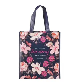 Christian Art Gifts Tote Navy Floral Printed Love Mercy Mic. 6:8