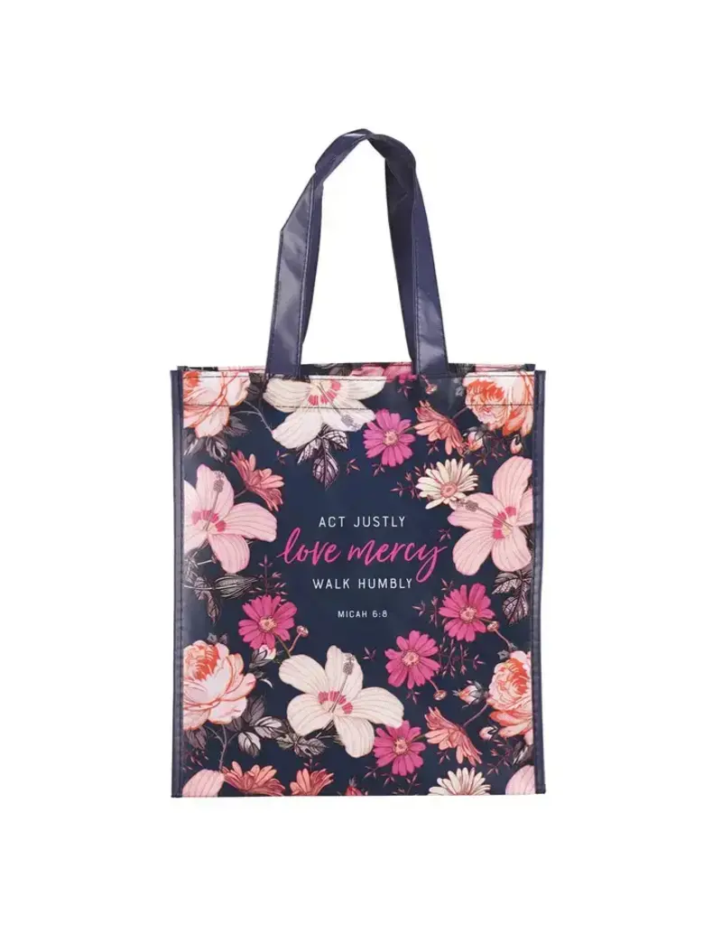Christian Art Gifts Tote Navy Floral Printed Love Mercy Mic. 6:8
