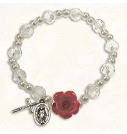 Lumen Mundi Imitation Pearl and Crystal Stretch Bracelet with Red Rose Resin Bead