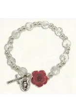 Lumen Mundi Imitation Pearl and Crystal Stretch Bracelet with Red Rose Resin Bead
