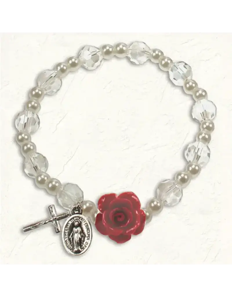 Lumen Mundi Imitation Pearl and Crystal Stretch Bracelet with Red Rose Resin Bead