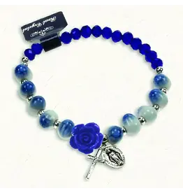 Lumen Mundi Navy Blue and White Stretch Bracelet with Crystals and Blue Rose Shaped Resin Bead