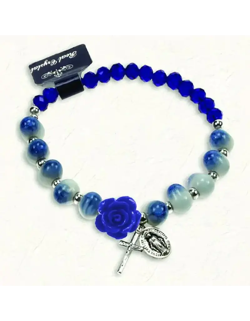 Lumen Mundi Navy Blue and White Stretch Bracelet with Crystals and Blue Rose Shaped Resin Bead