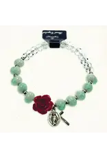 Lumen Mundi Turquoise and White Stretch Bracelet with Crystals and Red Rose Shaped Resin Bead