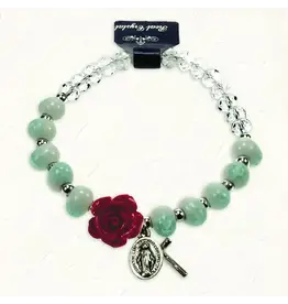 Lumen Mundi Turquoise and White Stretch Bracelet with Crystals and Red Rose Shaped Resin Bead