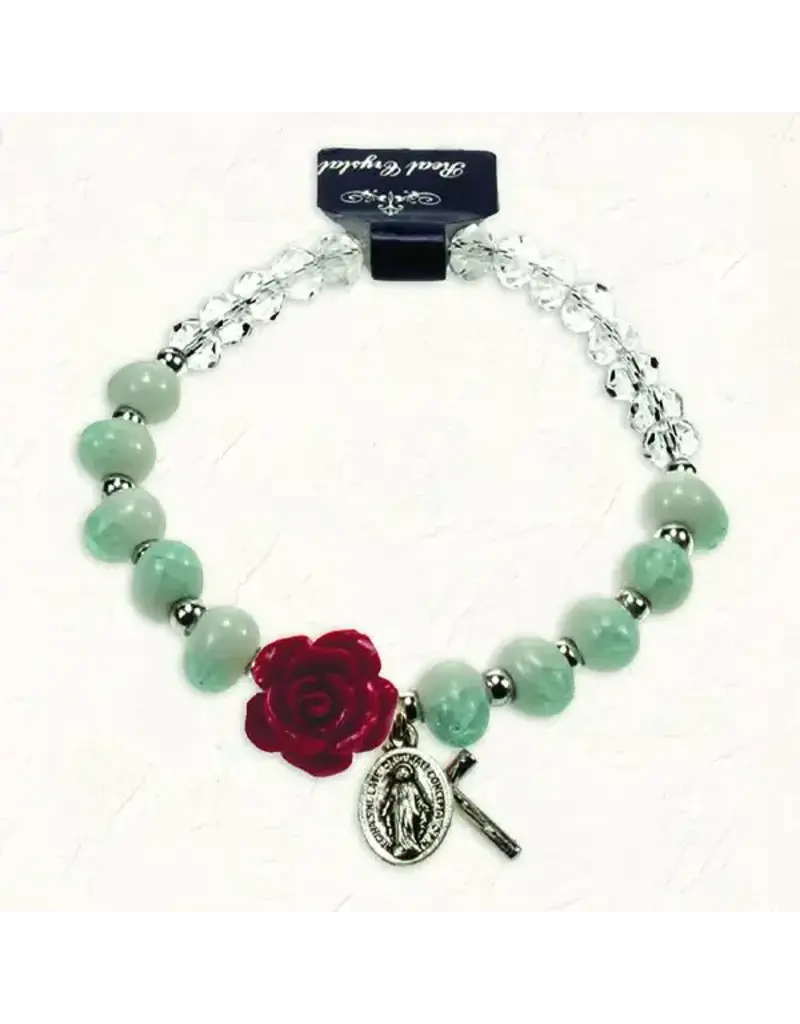 Lumen Mundi Turquoise and White Stretch Bracelet with Crystals and Red Rose Shaped Resin Bead