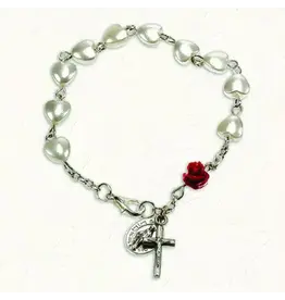 Lumen Mundi Heart Shaped Imitation Pearl Bracelet with Red Rose Resin Bead and Lobster Claw Clasp