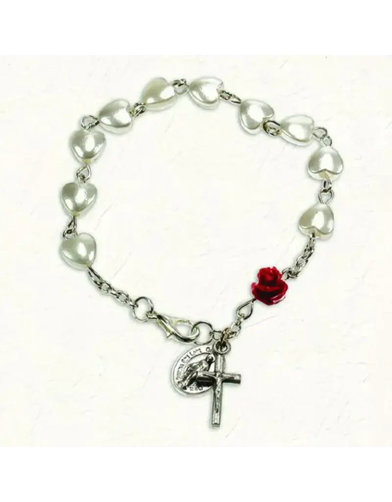 Lumen Mundi Heart Shaped Imitation Pearl Bracelet with Red Rose Resin Bead and Lobster Claw Clasp