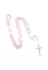 Devon Trading Company Rose Faux Pearl  Rosary With Pink 8MM Bicone  Our Father Beads