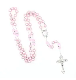 Devon Trading Company Rose Faux Pearl  Rosary With Pink 8MM Bicone  Our Father Beads