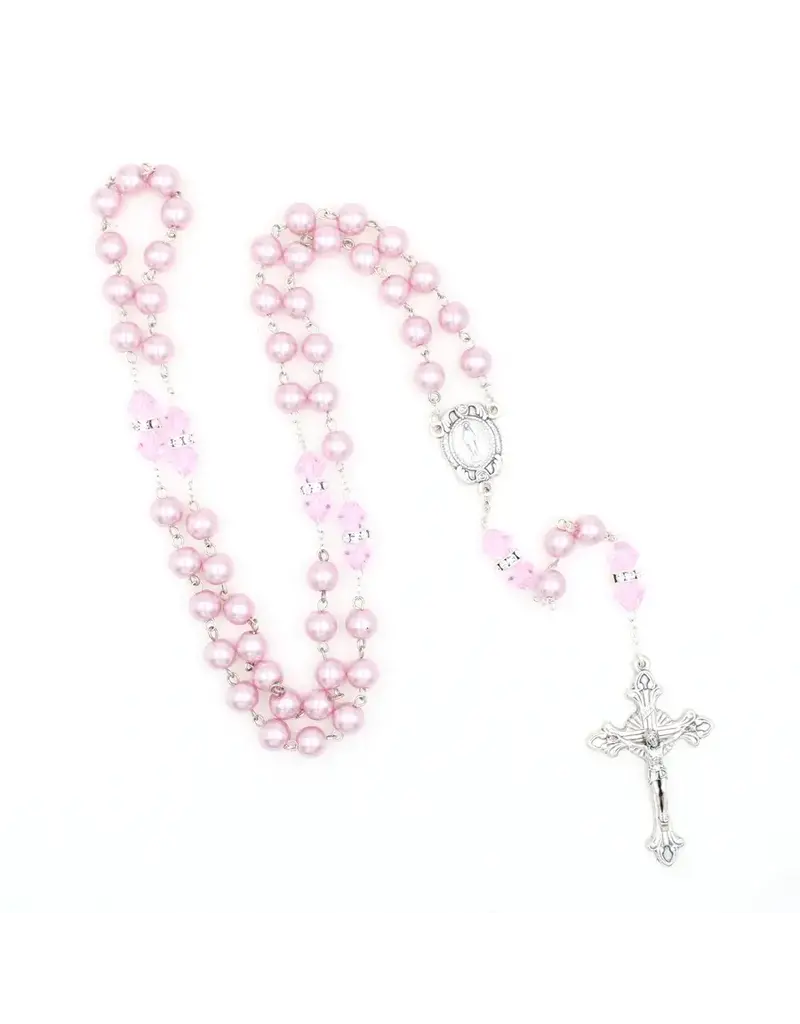 Devon Trading Company Rose Faux Pearl  Rosary With Pink 8MM Bicone  Our Father Beads