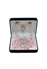 Devon Trading Company Rose Faux Pearl  Rosary With Pink 8MM Bicone  Our Father Beads