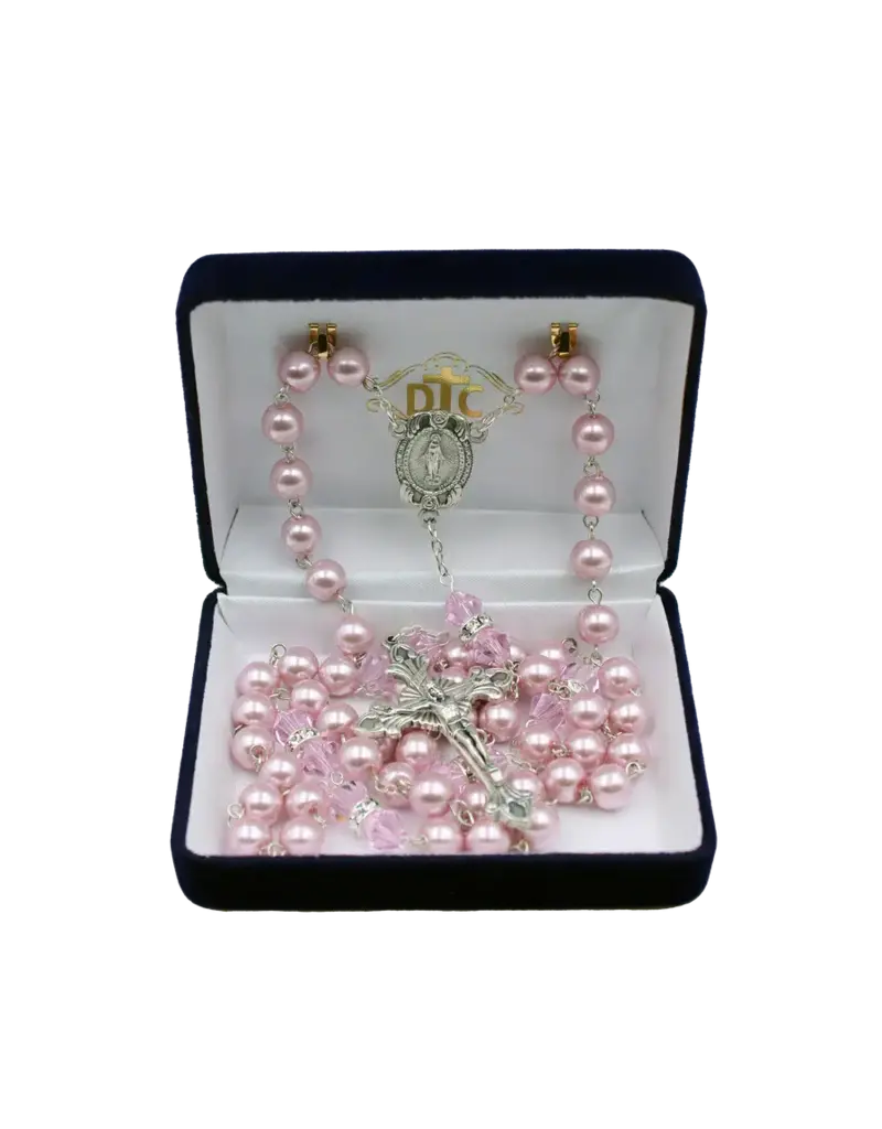 Devon Trading Company Rose Faux Pearl  Rosary With Pink 8MM Bicone  Our Father Beads