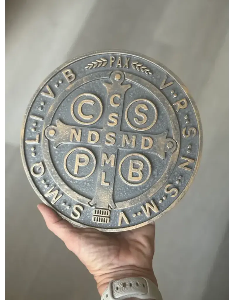Be Still Prayer Space 3D Printed St. Benedict Medal Wall Plaque 8" | Hammered Steel