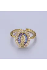 Oval Purple Cz Stone Mother Mary Religious Adjustable Ring
