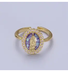 Aim Eternal Oval Purple Cz Stone Mother Mary Religious Adjustable Ring