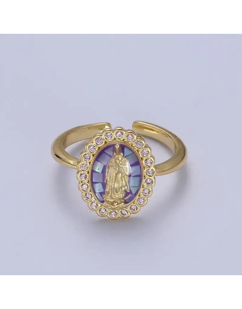 Oval Purple Cz Stone Mother Mary Religious Adjustable Ring