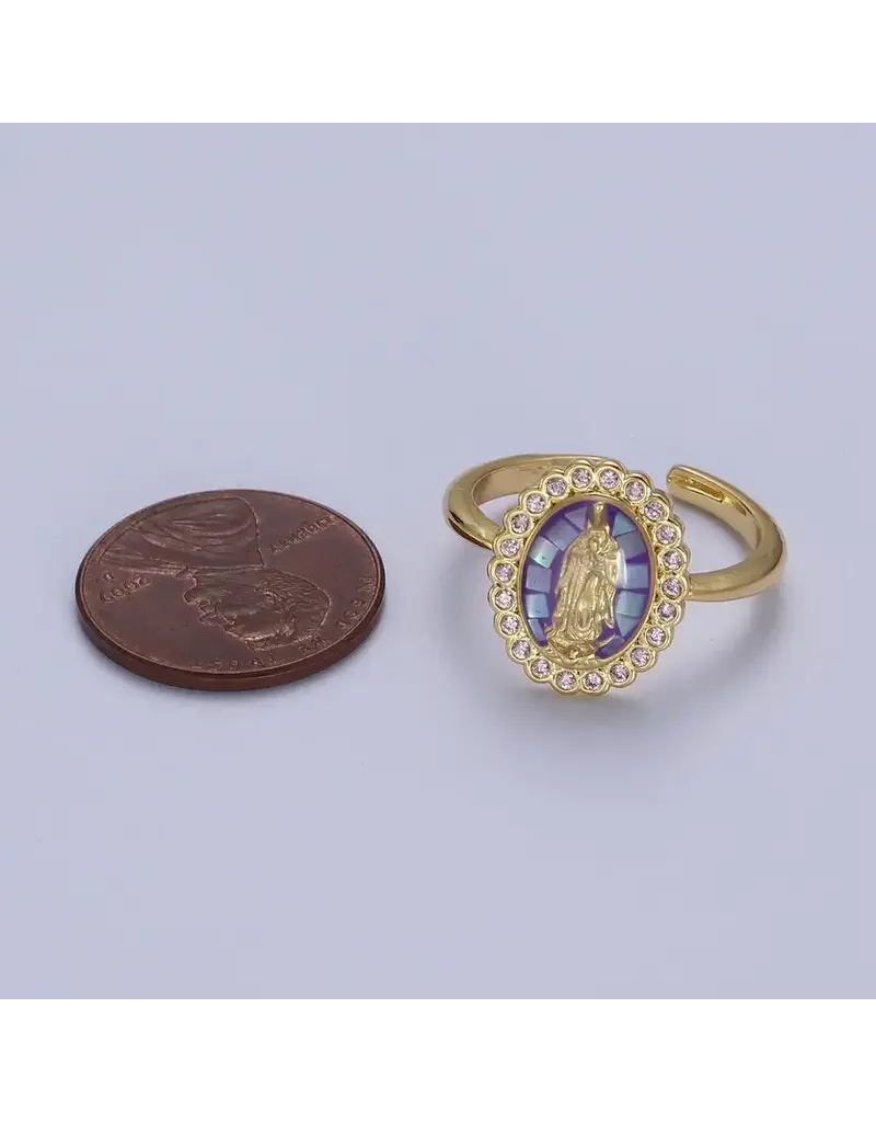 Oval Purple Cz Stone Mother Mary Religious Adjustable Ring