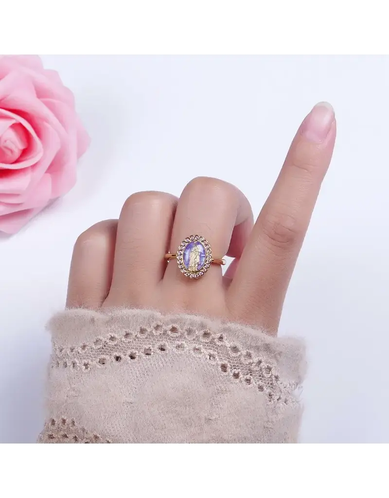 Oval Purple Cz Stone Mother Mary Religious Adjustable Ring