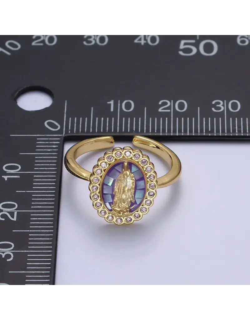 Oval Purple Cz Stone Mother Mary Religious Adjustable Ring