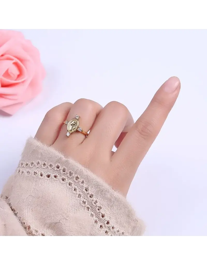 Aim Eternal 24K Gold Filled Oval Virgin Mary Ring, Crystal Zirconia Cz A