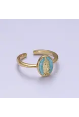 Gold Filled Oval Virgin Mother Mary Shell Opal Ring in Gold | Gold & Blue