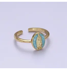 Aim Eternal Gold Filled Oval Virgin Mother Mary Shell Opal Ring in Gold | Gold & Blue
