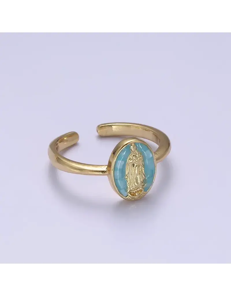 Gold Filled Oval Virgin Mother Mary Shell Opal Ring in Gold | Gold & Blue