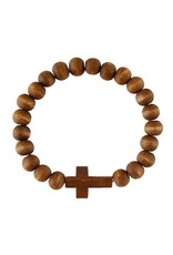 CB Gift Bracelet-Wood Bead w/Cross-Stretch-Brown (7.5")