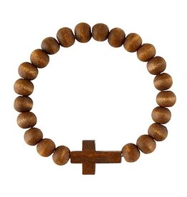 CB Gift Bracelet-Wood Bead w/Cross-Stretch-Brown (7.5")