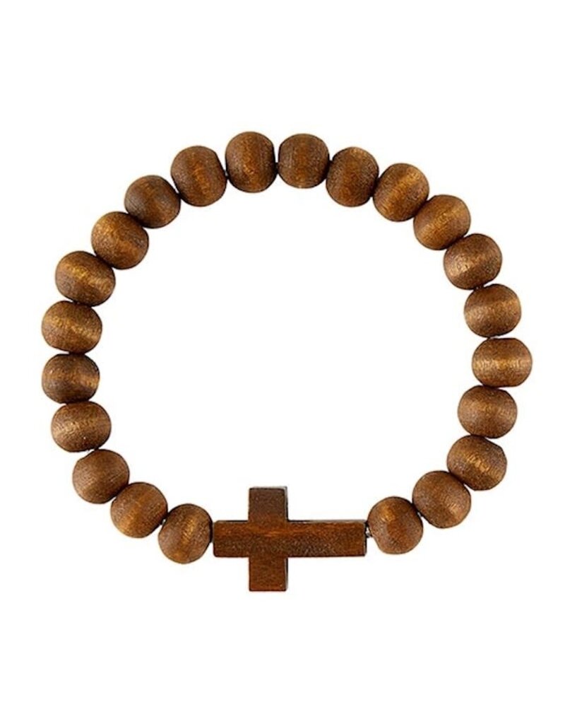 CB Gift Bracelet-Wood Bead w/Cross-Stretch-Brown (7.5")