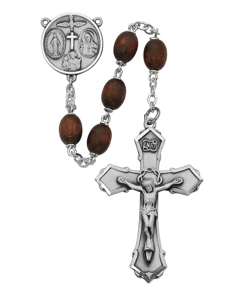 McVan 6x8mm Oval Brown Wood Rosary with Deluxe Crucifix and Center