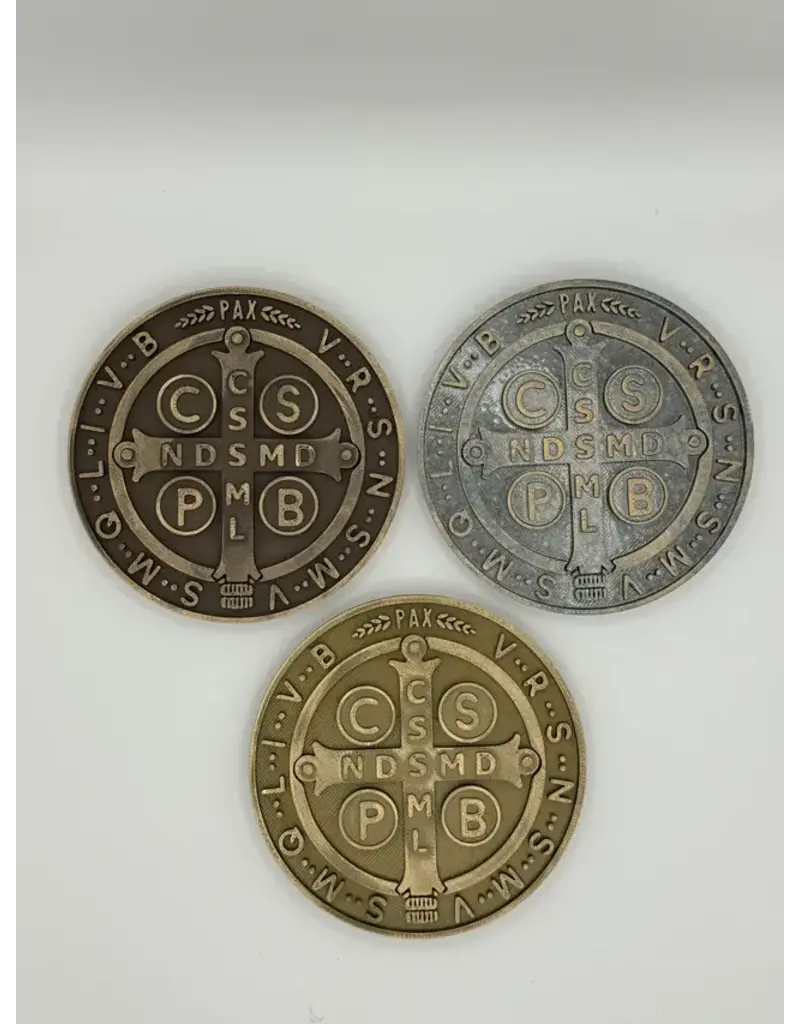 Be Still Prayer Space 3D Printed St. Benedict Medal Wall Plaque 3.5" | Golden Bronze