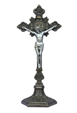 Goldscheider of Vienna 17"" St. Benedict Cold Cast Bronze Crucifix Stands or Hangs