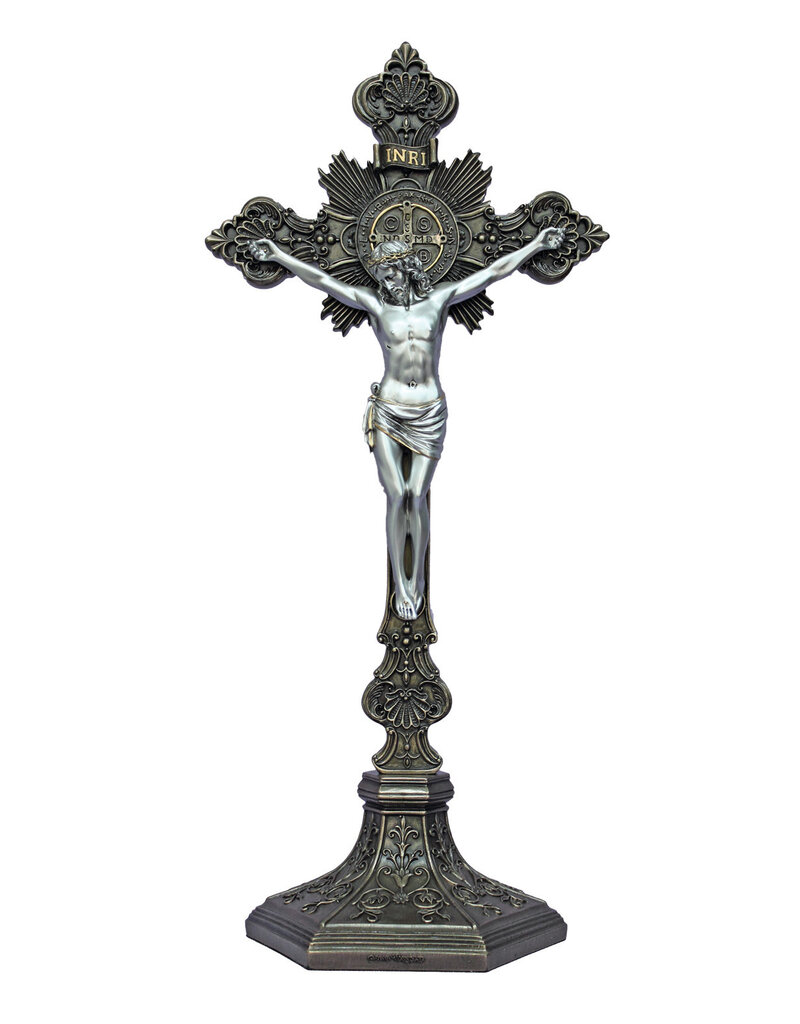 Goldscheider of Vienna 17"" St. Benedict Cold Cast Bronze Crucifix Stands or Hangs