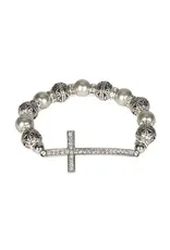 Dicksons Crystal Silver Cross Stretch Bracelet with Grey Pearlescent and Filigree Beads