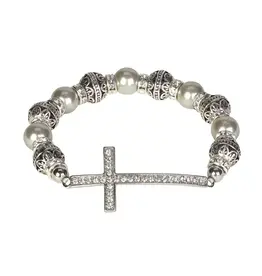 Dicksons Crystal Silver Cross Stretch Bracelet with White Pearlescent and Black Beads