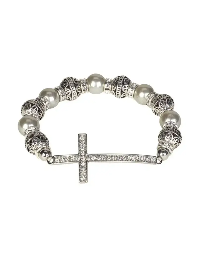 Dicksons Crystal Silver Cross Stretch Bracelet with White Pearlescent and Black Beads