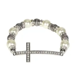 Dicksons Crystal Silver Cross Stretch Bracelet with White Pearlescent and Filigree Beads