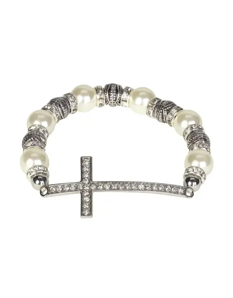 Dicksons Crystal Silver Cross Stretch Bracelet with White Pearlescent and Filigree Beads