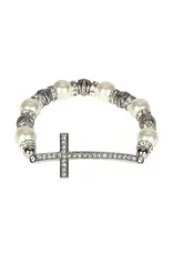 Dicksons Crystal Silver Cross Stretch Bracelet with White Pearlescent and Filigree Beads
