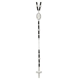 Sterling Silver Enameled and Black Glass Bead Rosary 24 inch Necklace