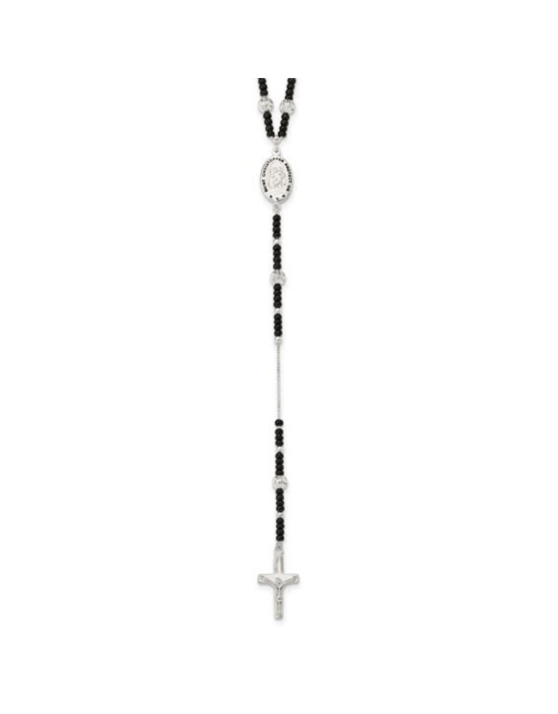 Sterling Silver Enameled and Black Glass Bead Rosary 24 inch Necklace