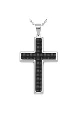 Stainless Steel & Black Leather Cross Pendant on 24" Bead Chain