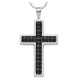 Stainless Steel & Black Leather Cross Pendant on 24" Bead Chain