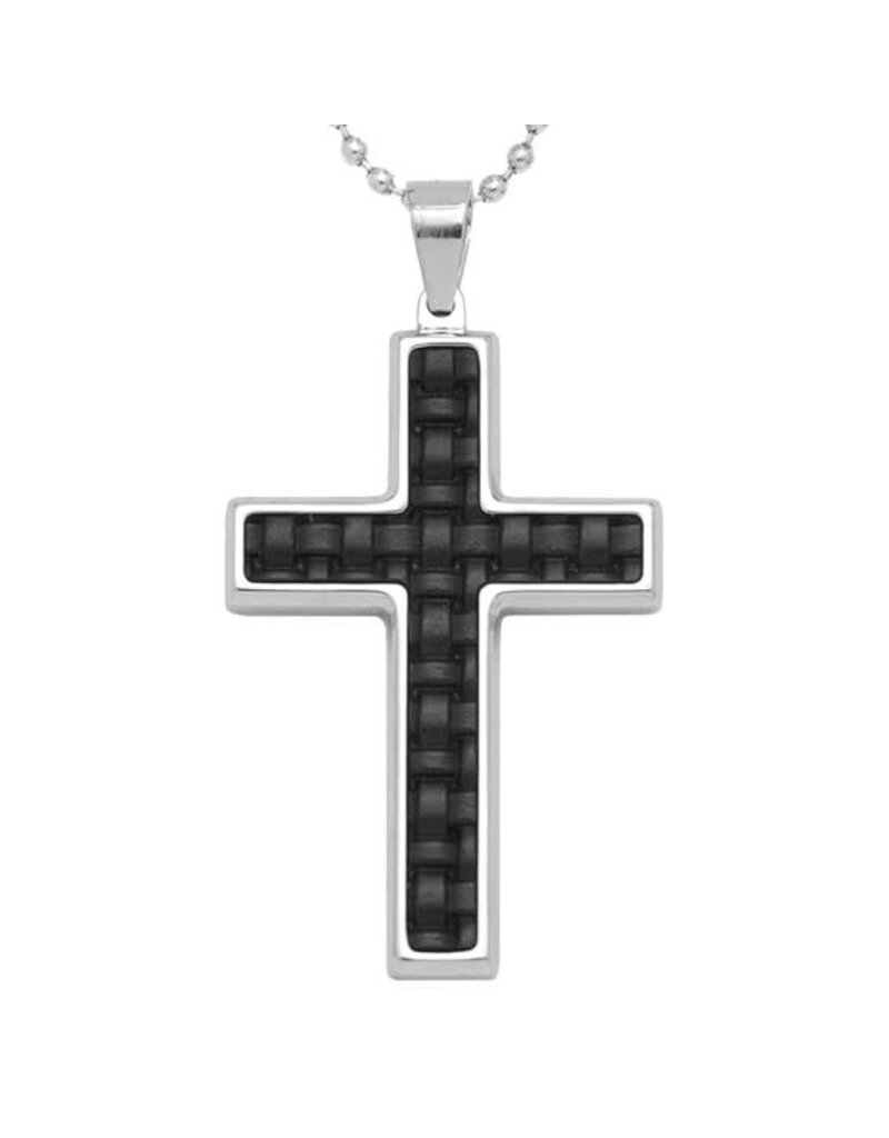 Stainless Steel & Black Leather Cross Pendant on 24" Bead Chain
