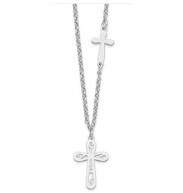 Sterling Silver Rhodium-plated 2-Cross with 1 in Ext Necklace