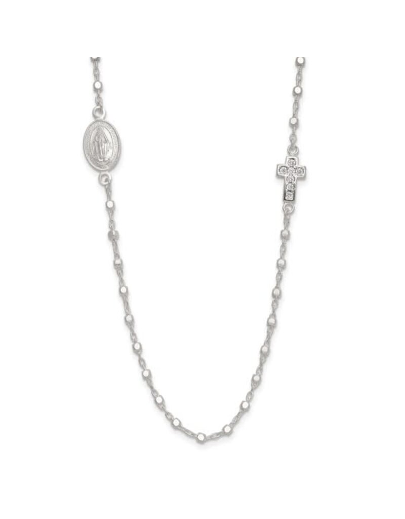Sterling Silver Polished with CZ Cross and Miraculous Medal 18in Necklace
