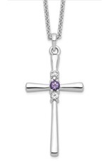 Survivor Collection Sterling Silver Rhodium-plated 16 Inch White and Purple Topaz Faith Cross Necklace with 2 Inch Extender